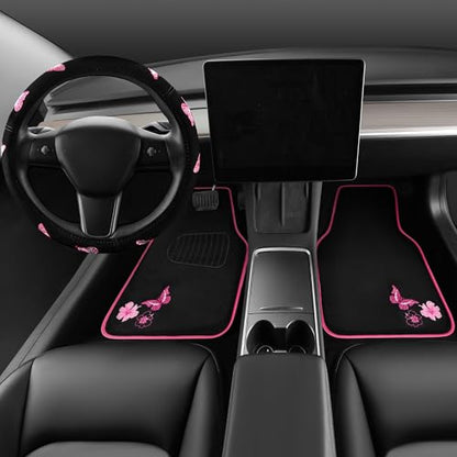CAR PASS Embroidery Butterfly Steering Wheel Cover and Waterproof Car Floor Mats,Pink Car Mats 14.5-15inch Steering Wheel Covers Universal Fit for Cars, Suvs,Sedans,Van,for Women Girl(Black and Pink) - color: Black and Pink Butterfly