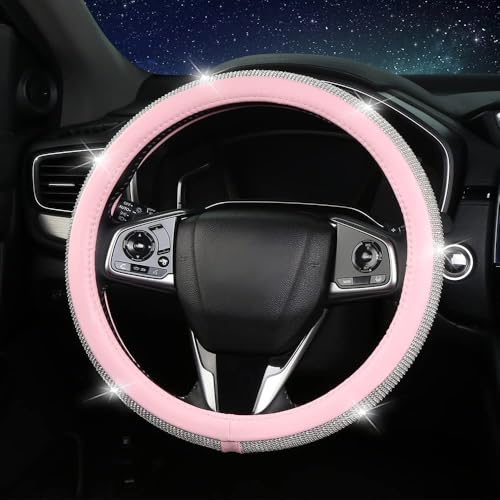 Steering Wheel Cover Women Pink Bling Diamond Steering Wheel Cover, Leather Cute Steering Wheel Covers with Crystal Rhinestones, Breathable, Anti-Slip Universal Fit 14.5-15 Inch Bling Car Accessories - color: White Pink