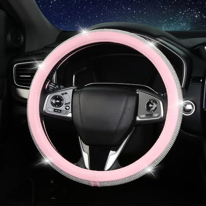 Steering Wheel Cover Women Pink Bling Diamond Steering Wheel Cover, Leather Cute Steering Wheel Covers with Crystal Rhinestones, Breathable, Anti-Slip Universal Fit 14.5-15 Inch Bling Car Accessories - color: White Pink