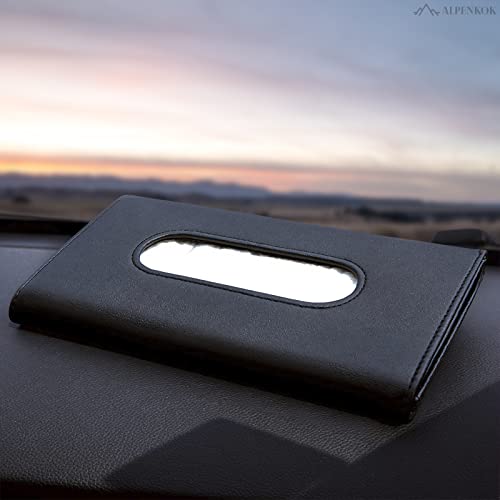 9.1 × 4.7 x 1.5 Car Tissue Holder — PU Leather Sun Visor Tissue Holder for Car with Ergonomic Take-Out Port, Universal Fit — Refillable Napkin Storage with Metal Clip Mount, Quick Install in Seconds