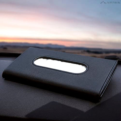 9.1 × 4.7 x 1.5 Car Tissue Holder — PU Leather Sun Visor Tissue Holder for Car with Ergonomic Take-Out Port, Universal Fit — Refillable Napkin Storage with Metal Clip Mount, Quick Install in Seconds