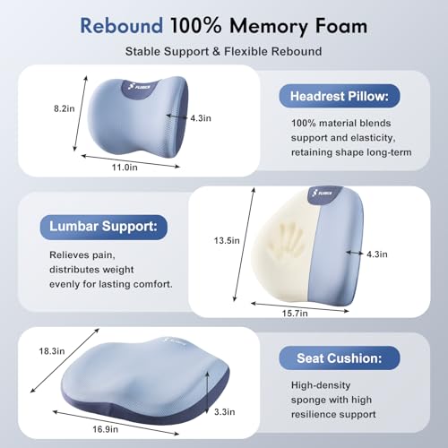 Seat Cushion and Lumbar Support Pillow for Office Chair Car, Car Neck Pillow, Ergonomic Memory Foam Back Support for Office Gaming Chair Wheelchair, Relieves Neck, Back & Sciatica Pain – Blue - color: Blue, size: Seat Cushion&Lumbar Pillow&Headrest Pillow