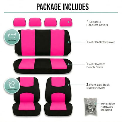 FH Group Bright Flat Cloth Full Set Automotive Seat Covers Front Set and Rear Solid Bench Pink Black Seat Covers w. Gift Universal Fit Interior Accessories for Cars Trucks and SUVs - color: Pink