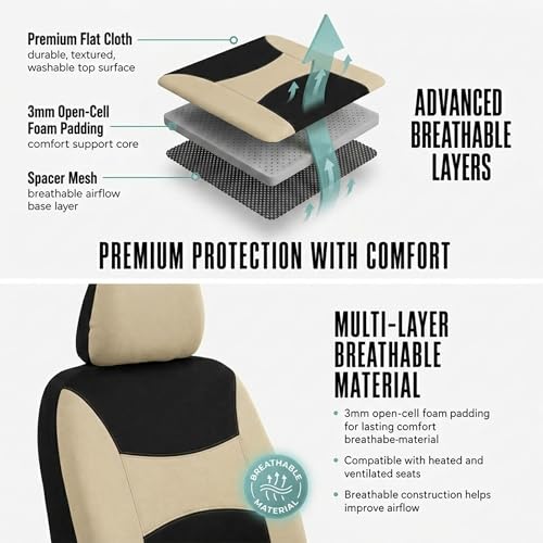 Automotive Seat Covers Beige Black Universal Fit Seat Cover Combo Set with Steering Wheel Cover and Seat Belt Pad (Airbag Compatible and Split Bench) - color: Beige/Black
