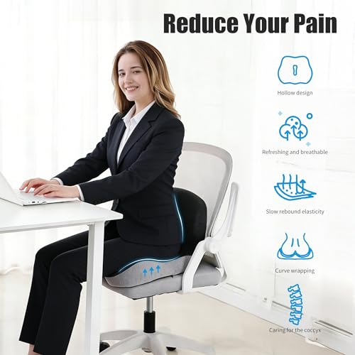 Car Seat Cushion and Lumbar Support Pillow with Fixing Strap, Larger Memory Foam Seat Cushion, Ergonomic L-Shaped Design Cushion for Back Pain Relief, Non-Slip Driving Cushion for Car, Office, Truck,
