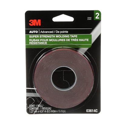 3M Super-Strength Molding Tape, 1/2 in x 15 ft, High Strength Double-Sided Adhesive, Permanently Attaches Side Moldings, Trim and Emblems to Interior and Exterior of Vehicles (03614)