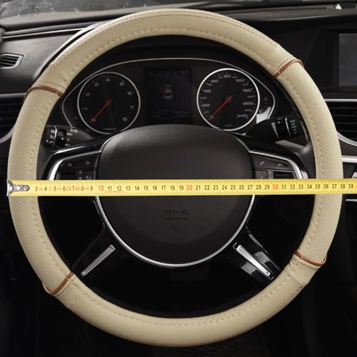 CAR PASS Line Rider Universal Fit Delux Leather Steering Wheel Cover, for suvs,sedans,Vans,Trucks for 14.7" to 15" (Beige) - color: Beige