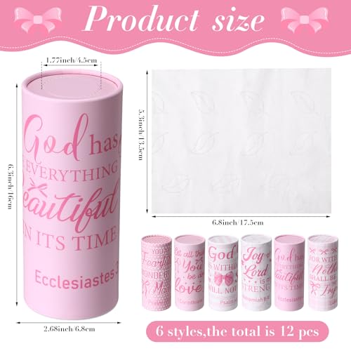 Outus 12 Pcs Christian Car Tissues Cylinder Holder with 3 Ply Facial Tissue Bulk Pink Bow Religious Round Tissue Holder Inspirational Scripture Travel Tissues Boxes Container for Car Cup Home Office - style: Religious Bow