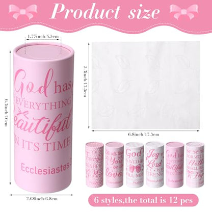 Outus 12 Pcs Christian Car Tissues Cylinder Holder with 3 Ply Facial Tissue Bulk Pink Bow Religious Round Tissue Holder Inspirational Scripture Travel Tissues Boxes Container for Car Cup Home Office - style: Religious Bow
