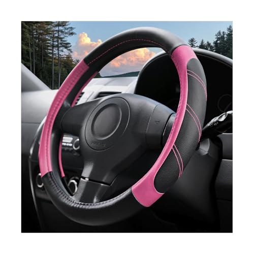 Car Steering Wheel Cover, 14.5-15" Soft Leather Stylish Steering Wheel Protector with Non-Slip Lining, Sporty Comfortable Auto Interior Decor Accessories, Universal Fit (Black Pink) - color: Black Pink