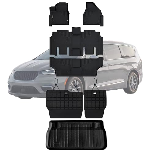 Floor Mats, Trunk Liner & Backrest Mat for 2017-2025 2026 Chrysler Pacifica Gas Touring 7/8 Seat (Non Hybrid & Non Pinnacle) Customized TPE All Weather Car Floor Liners with Backrest Protection Black - size: 2017-26|Chrysler Pacifica|Full Set