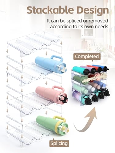 Stackable Water Bottle Organizer, 4-Tier Clear Large Compartment Holder with Stable One-Piece Side-Panel Design, Prevents Tipping & Rolling for Cabinet & Kitchen Storage, Holds 16 Bottles