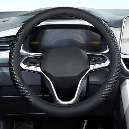 Coverado Car Steering Wheel Cover, Nappa Leather Black Steering Wheel Covers, Universal 14-15 inch, Anti-Slip, Breathable Steering Wheel Protector for Women Men - color: C-Black