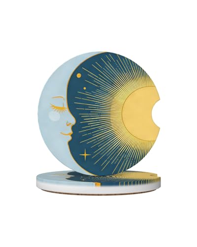 Car Cup Holder Coasters, 2 Pcs Ceramic Coasters with Cork Back and Finger Slot, Anti-Slip Shock Absorbing Woman and Men Universal Car Accessories - Solar Lunar - color: Solar Lunar
