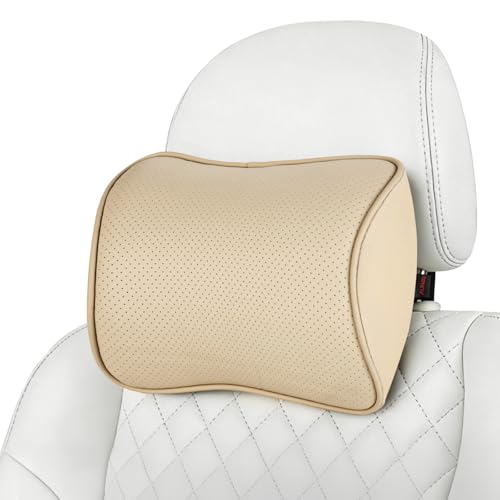 Aukee Car Headrest Pillow Memory Foam Car Neck Pillow Soft Leather Headrest for Driving Home Office Beige (1PC) - color: Beige, size: Pack of 1