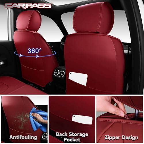 CAR PASS Luxury Nappa Leather Seat Covers Full Set, 3D Rhombus Waterproof Faux Leather Seat Covers, Premium Automotive Seat Cushion Universal Fit for Sedan SUV Truck Van,Airbag Compatible Burgundy Red - color: burgundy red