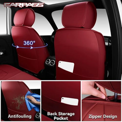 CAR PASS Luxury Nappa Leather Seat Covers Full Set, 3D Rhombus Waterproof Faux Leather Seat Covers, Premium Automotive Seat Cushion Universal Fit for Sedan SUV Truck Van,Airbag Compatible Burgundy Red - color: burgundy red