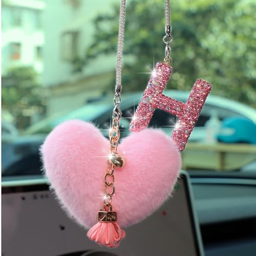 Bling Pink Car Accessories for Women Letter Charm, Rainbow Color Rear View Mirror Cute Crystal Pendant Car Decorations, Lucky Gifts Diamond Rhinestone Charm Interior(H, Tassel Heart) - color: Pink H