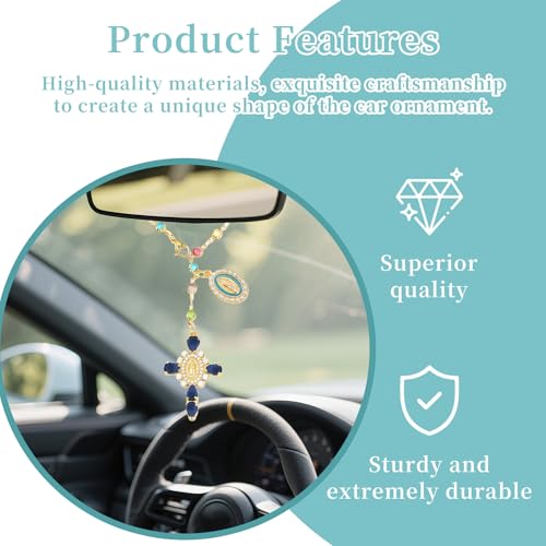 Virgen De Guadalupe Car Charm - Steering Wheel Accessory & Rearview Mirror Hanging, Cross Pendant Automotive Protection Decor - color: Gold-navy