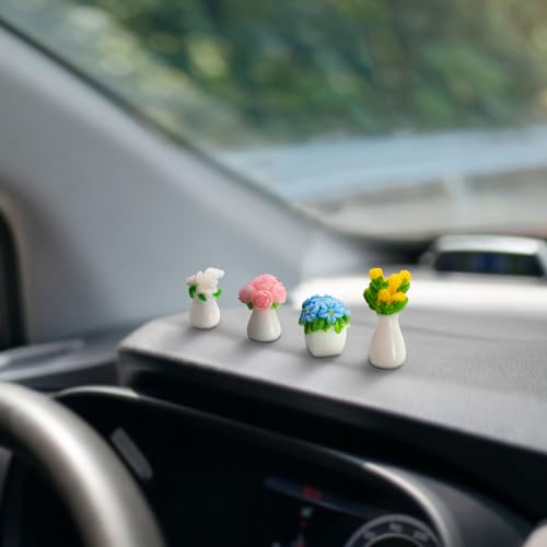 CusDusk 6 Pack Small Vase Car Dashboard Decorations, Mini Resin Cute Flowers Vehicles Rear View Mirror Ornaments, Automotive Interior Accessories for Women Men