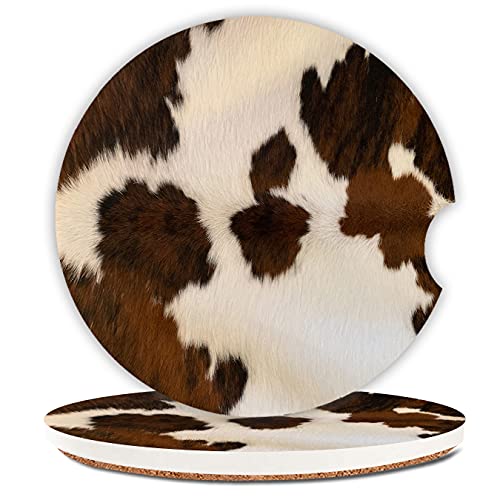 Absorbent Car Coasters 2 Pack for Women/Men,Cow Hide Car Coaster for Drinks,Ceramic Stone Car Cup Holder with A Finger Notch,Farm Animal Brown Cowhide Skin Print Cow - color: Cow Hide