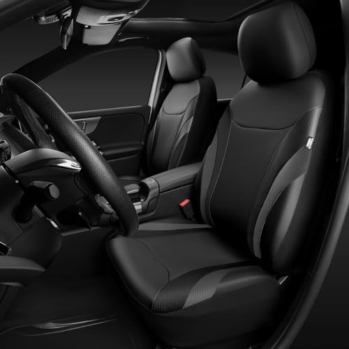 CAR PASS Premium Carbon Fiber Leather Car Seat Covers Full Set and Waterproof Car Floor Mats,Airbag Compatible,Automotive Interior Covers for Sedans,Trucks,Vans,SUV with Car Carpet Mats(Black) - color: Pure Black