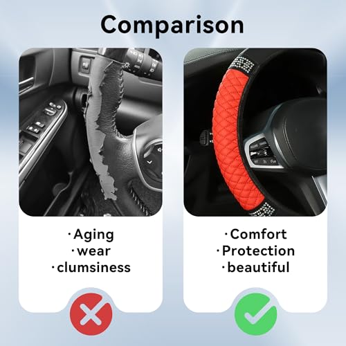 Bling Car Steering Wheel Cover, 15 Inch Rhinestones Soft Leather Elastic Steering Wheel Protector, Universal 15 Inch for Women Girls, Fit Vehicles, Sedans, SUVs, Vans, Trucks (Red) - color: Red
