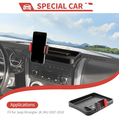 for Jeep JK JKU Cell Phone Holder Dash Mount Center Console Tray Storage Box Dashboard Organizer for 2007-2010 Jeep Wrangler JK JKU, Black+Red