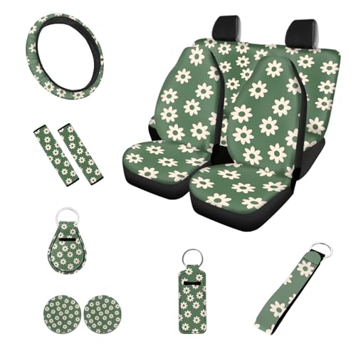 Green Groovy Flower Car Seat Cover 12 Pcs Full Set Floral Auto Steering Wheel Cover 15 Inch，Seatbelt Pad,Keychains Balm Lip Holder Case Absorbent Coasters Decoration Interior Accessory Set - color: Green Groovy Flowers