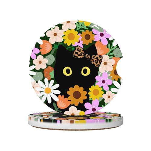 Flower Cute Black Cat Car Coasters for Cup Holders,2 Pack Car Cup Holder Coasters for Car,Ceramic Absorbent Car Coaster with A Finger Notch and Cork Base,Car Interior Accessories for Women Men - color: Flower Cute Black Cat