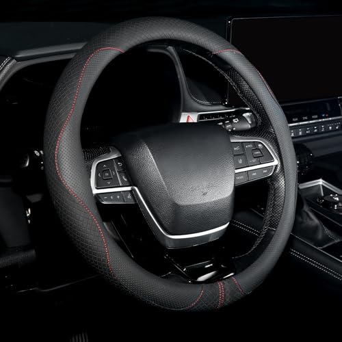 Nappa Leather Steering Wheel Cover, Universal 14.5-15 inch, Anti-Slip Breathable Leather, Sporty Style, Durable Grip Car Accessory for Men Women, Black - color: black