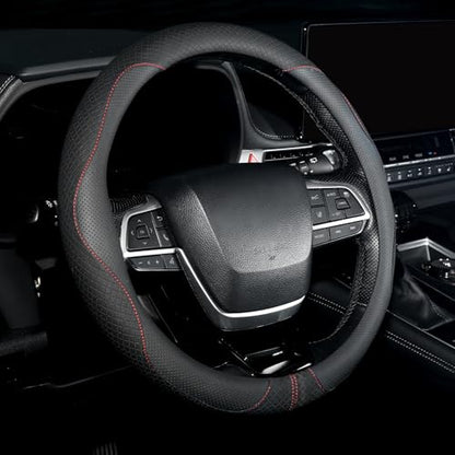 Nappa Leather Steering Wheel Cover, Universal 14.5-15 inch, Anti-Slip Breathable Leather, Sporty Style, Durable Grip Car Accessory for Men Women, Black - color: black