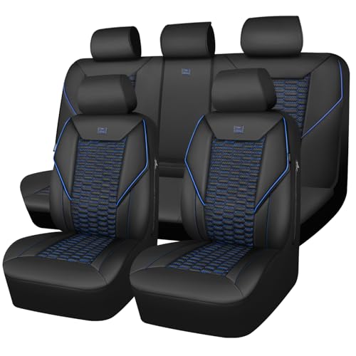 CAR PASS 3D Foam PU Leather Car Seat Covers Full Set,Luxury Breathable Faux Leather Seat Covers for Car,Anti Slip Universal Fit for SUVs Vans Sedan Truck Auto,Armrest Airbag Compatible,Black and Blue - color: Black and Blue, size: Full Set