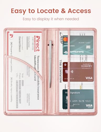 Yarnic Car Registration and Insurance Holder, Car Document Holder with Magnetic Closure, Car Wallet for Driver License, Cards and other Essential Documents (Rose Gold) - color: rosegold