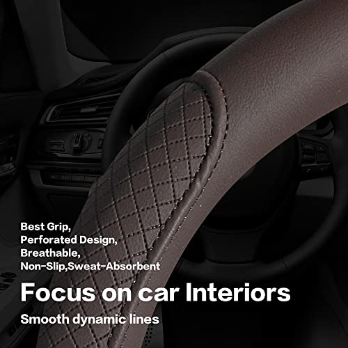 Microfiber Leather Steering Wheel Cover with Classic Embossing, Anti-Slip Breathable Auto Car Wheel Protector, 15 Inch, Coffee - color: Coffee