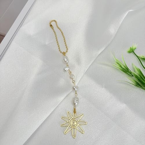 Sun Hanging Car Charm,Green and Gold Rear View Mirror Accessories Cute Boho Dangling Sun Car Decor Handmade Healing Crystals Stones Ornament Gifts for Women Men (White Pearl)