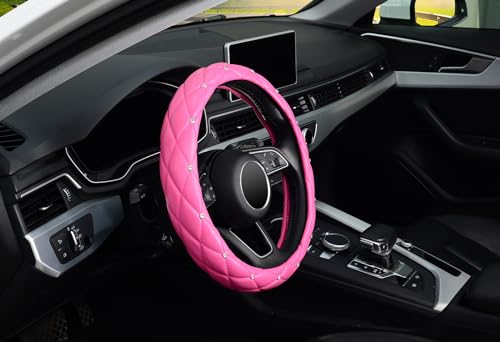 KAFEEK Diamond Leather Steering Wheel Cover with Bling Bling Crystal Rhinestones, Universal 15 inch,Dark Pink - color: Dark Pink, size: Medium(Standard) Size[14.5"-15"]