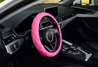 KAFEEK Diamond Leather Steering Wheel Cover with Bling Bling Crystal Rhinestones, Universal 15 inch,Dark Pink - color: Dark Pink, size: Medium(Standard) Size[14.5"-15"]