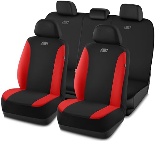Skechers Seat Covers, Premium Breathable Polyester Car Seat Covers, Car Seat Covers Full Set Airbag Compatible, Automotive Comfort for Most Cars, Vans, Trucks, SUVs (Full Set, Red) - color: Black and Red, size: Full Set