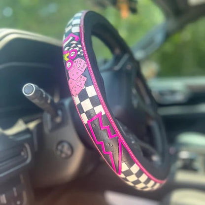 Western Steering Wheel Cover,Retro Western Cowboy Car Universal Steering Wheel Cover,Embossed Hand-Painted Leather Western Car Accessories, for Women Man, Anti-Slip Design Easy to Install (D) - color: D