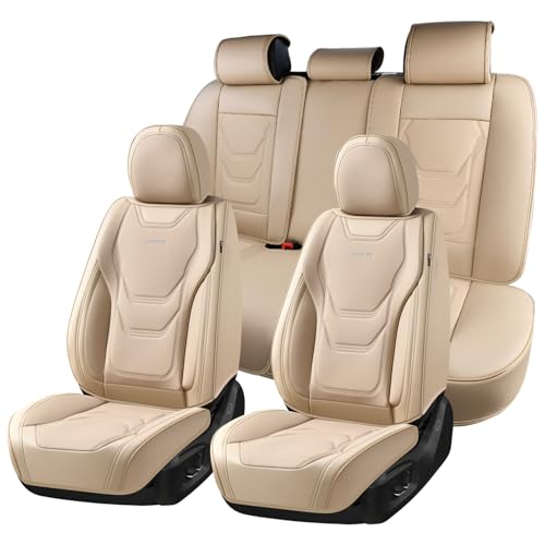 Coverado Car Seat Covers Full Sets, 5 Piece Car Seat Protector Waterproof Leather Seat Cushion Universal Fit for Truck Automotive Vehicles Beige - color: Beige, size: Full Set