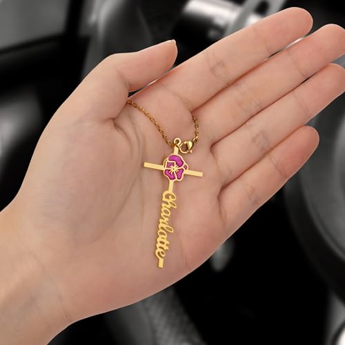 BYFDIY Custom Hanging Car Charm Cross Personalized Name Birth Flower Wheel Charm Rearview Mirror Accessories Birthday Easter Gift for Female Christian Drivers Women 1.8"×1"