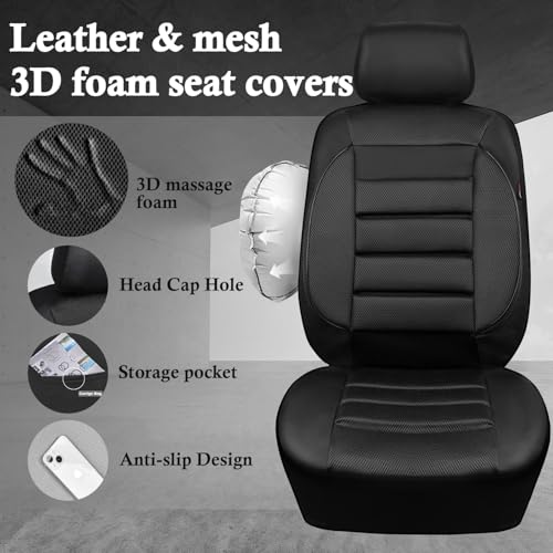 CAR PASS 3D Foam Leather Car Seat Covers Two Front Seats only, Air Cool Mesh Thick Seat Covers, All Weather Car Seat Cover Comfort & Protection for Truck,SUV,Sedan,Van, Airbag Compatible (Black) - color: Black Front
