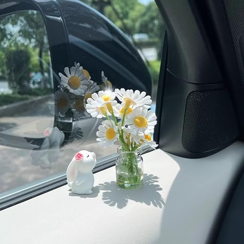 1 Set Car Dashboard Decorations, Mini Daisy Flower in Vase with Bunny, Self Adhesive Ornament for Car Interior and Dashboard Decor