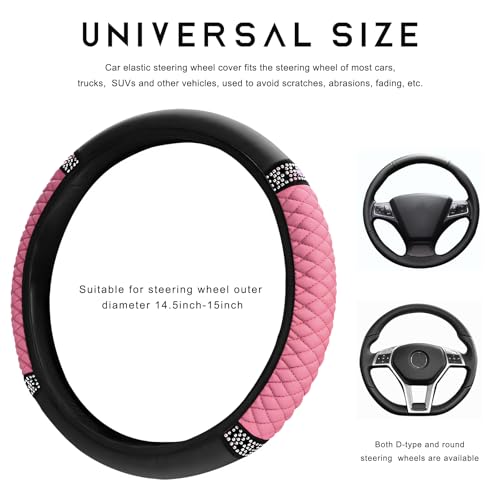 Bling Car Steering Wheel Cover, 15 Inch Sparkly Rhinestone Soft Leather Steering Wheel Protector, Non-Slip Universal Auto Elastic Steering Wheel Covers for Women Girls (Pink) - color: Pink