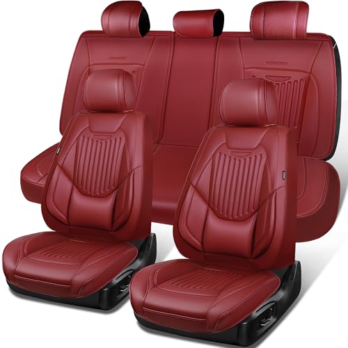 CAR PASS Luxury Nappa Leather Car Seat Covers Full Set, Lumbar Support Seat Covers for Car 5 Seats, Waterproof Car Seat Protector, Automotive Seat Covers Universal Fit for Sedans SUV Trucks Burgundy - color: burgundy