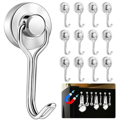 Measuring Cup and Spoon Organizer, 12 Pack 30lbs Strong Magnetic Hooks Hanging Cups and Spoons, Magnetic Kitchen Hooks Utensil Hanger Holder for Refrigerator, Cruise Cabins, Garage Silver
