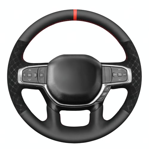 MEWANT Hand Stitch Steering Wheel Cover for Dodge RAM 1500 2500 3500 2019-2025 DIY Black Genuine Leather Diamond Embossed Athsuede Wrap Protector Non-Slip Interior Accessories - color: Genuine Leather&Embossed Suede&Red Thread