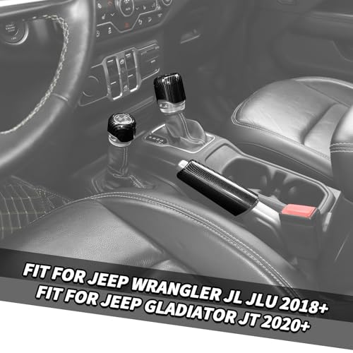 Jimen Fit for Jeep Wrangler JL JLU Gladiator JT 2018-2025, 4WD and Gear Shifter Knob Trim & Emergency Brake Handle Cover (Carbon Fiber)