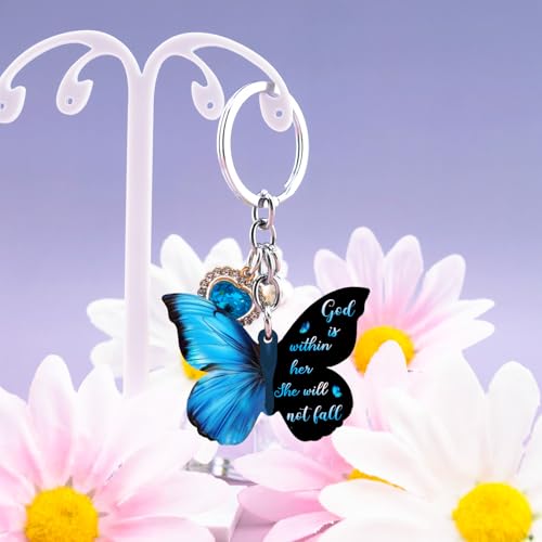 Butterfly Keychains for Women Christian Keychain Bible Quotes Spiritual Gifts for Women Religious Bible Verse Gifts Christian Accessories Blue Butterfly Charms for Purses